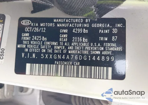 2013 Kia Optima Ex from USA, damaged, VIN 5XXGN4A76DG144899